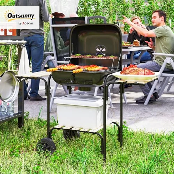 Outsunny Holzkohlegrill aus Stahl, fahrbar mit abschließbarem Deckel, 1840 cm² Grillfläche, zwei seitliche Ablagen, schwarz – Bild 2