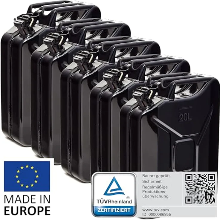 BW® Benzinkanister Metall 5x 20 Liter, TÜV-geprüfter Kraftstoffkanister Schwarz RAL 9005, 0,9mm Stahl, geeignet für Benzin, Diesel, E10 und 2-Takt, Made in Europe – Bild 2