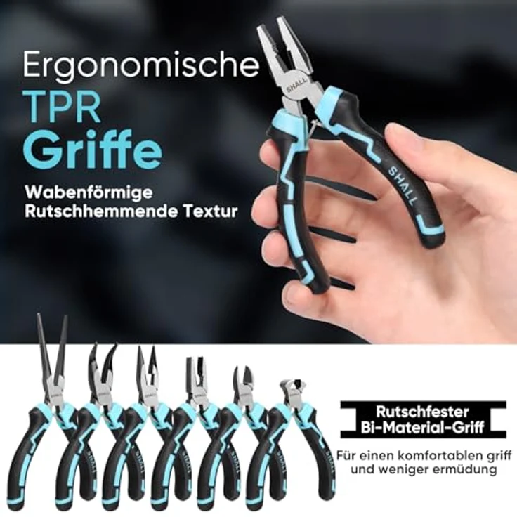 SHALL 6-tlg. Mini-Zangen-Set, inkl. Drahtschneider, Seitenschneider, Elektrikerzange, Spitzzange, Langzange und gebogene Spitzzange, ergonomische Griffe, tragbare Aufbewahrungstasche – Bild 4