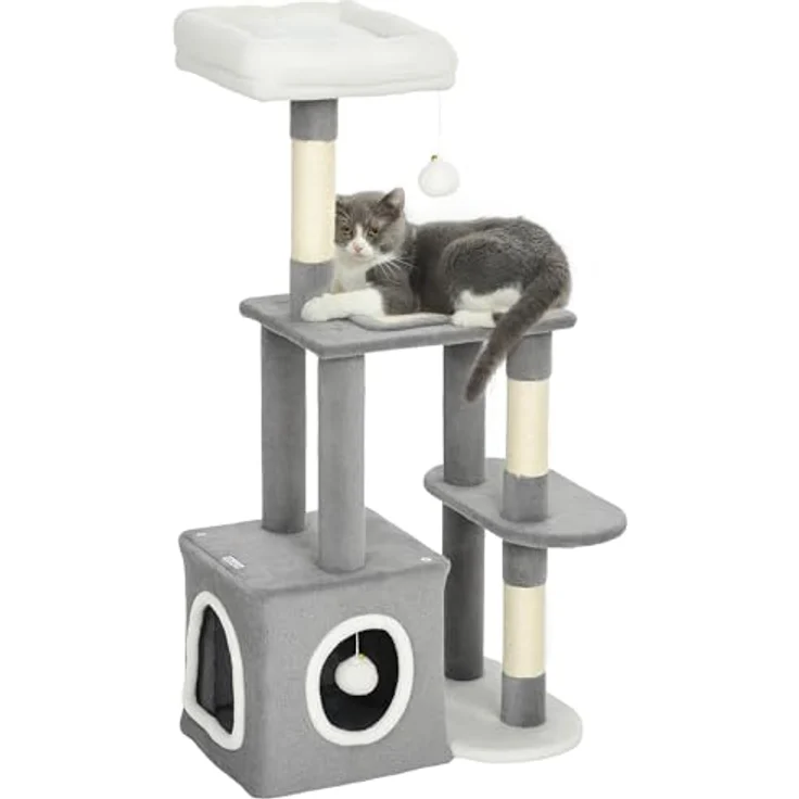 PawHut Kratzbaum 107 cm, mehrstöckiger Katzenturm mit Höhle, 2 Plüschballen, Sisalstämme, große Plattform, für Katzen bis 5 kg, Grau – Bild 1