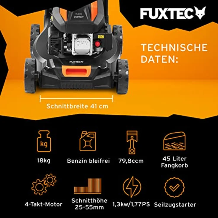 FUXTEC Benzin Rasenmäher FX-RM4180 1,8PS / 1,3kW | Gewicht nur 18kg | 40cm Schnittbreite & 3-stufige Schnitthöhenverstellung 25-55mm | 80ccm 4-Takt Mäher – Inkl. 45L Grasfangkorb – Bild 3