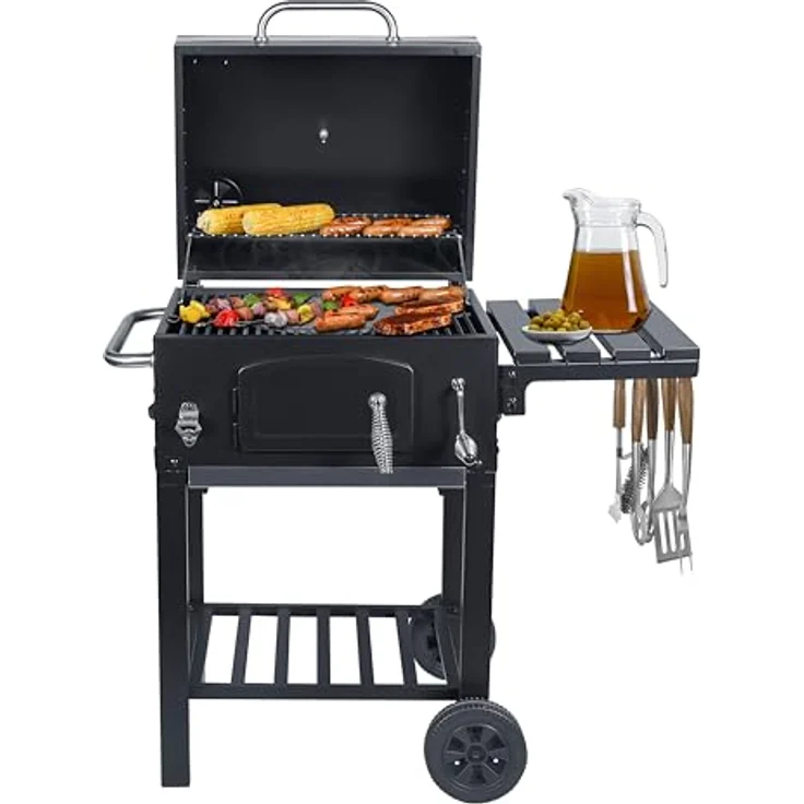 El Fuego® "ONTARIO 2" Holzkohlegrill, inkl. höhenverstellbare Kohlenwanne, verchromtem Warmhalterost, Tresordesign & Ascheauffangbehälter, mit Flaschenöffner, Grill BBQ – Bild 3
