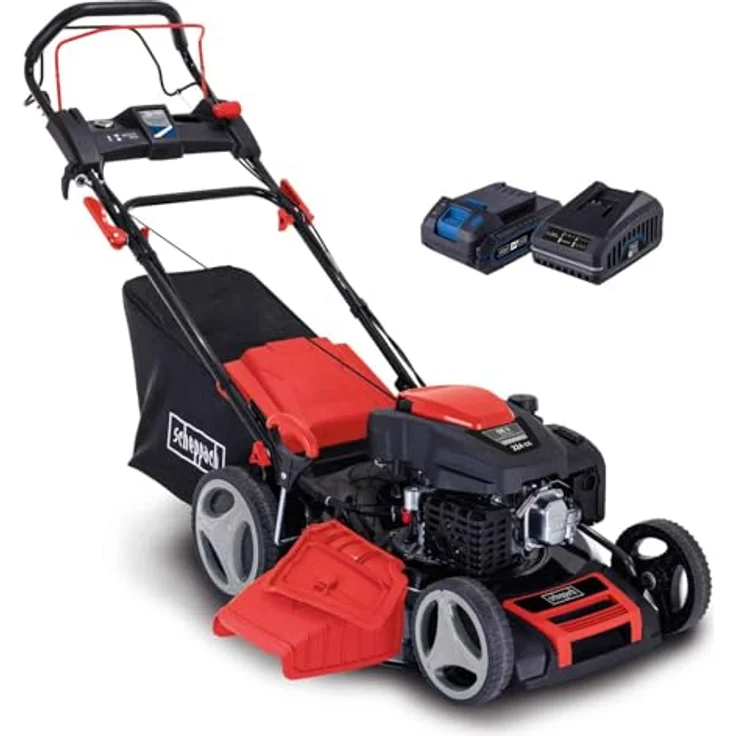 Scheppach Benzin-Rasenmäher MS225-53E VS, Hybrid-Start mit 4-Taktmotor, 53 cm Schnittbreite, 65 L Auffangkorb, inkl. 2Ah Akku und 2,4A Ladegerät – Bild 1