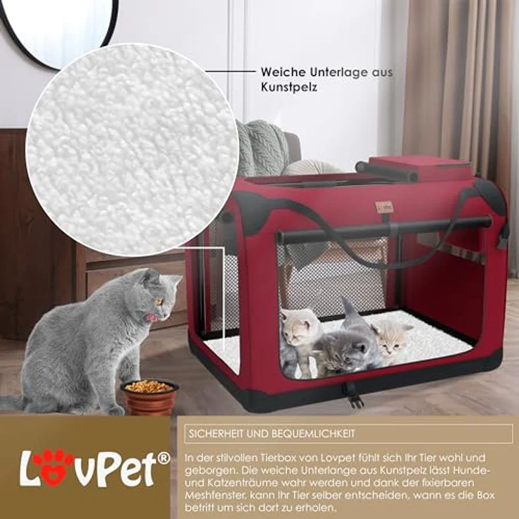 Lovpet® Transportbox Hund Katze Transporttasche L 70x52x52cm | Faltbares Stahlrohr, Waschmaschinenfest, Bordeaux/Rot – Bild 4