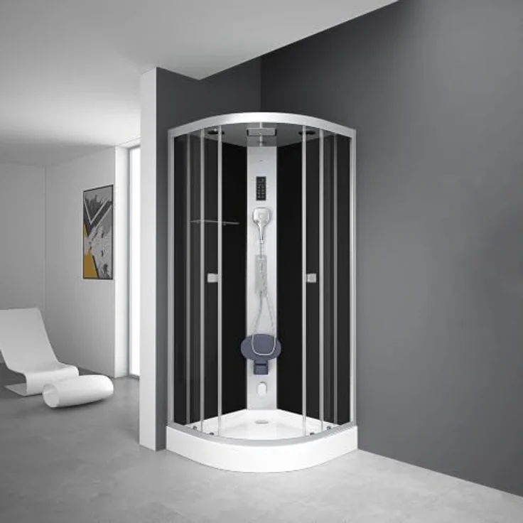 MARWELL Komplettdusche Steamy 90×90×215 cm, Duschtasse, Gleittüren, 5 mm ESG, Armatur mit Dampffunktion und Radio – Bild 2