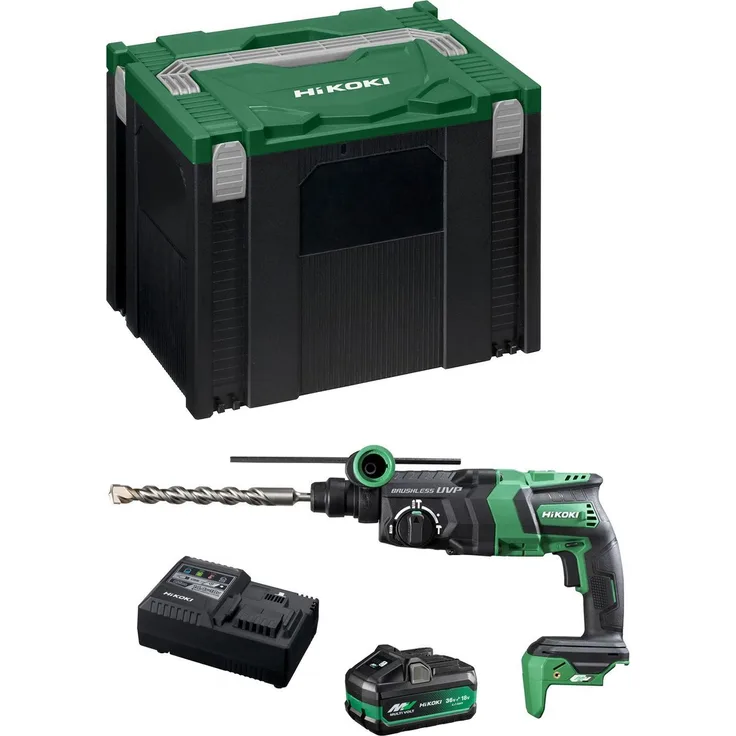 Hikoki Bohrhammer DH36DPEB1X, bürstenloser Motor, 3 Betriebsarten, inkl. 1 x 4,0Ah/8,0Ah Akku, UC18YSL3 Schnellladegerät, mit Koffer HSCIV