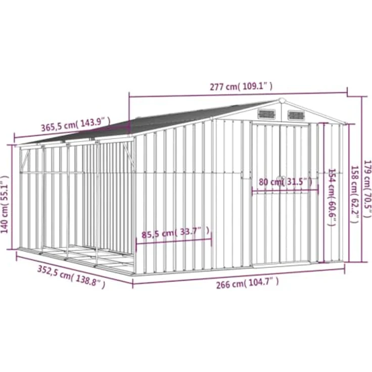 vidaXL Gerätehaus, Gartenhaus mit Schrägdach Griffe, Gartenschuppen Schuppen mit Stauraum, Geräteschuppen Metallschuppen, Grün 277x365,5x179 cm Verzinkter Stahl – Bild 4