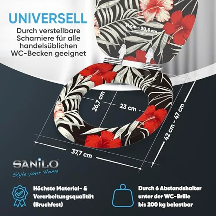 Sanilo WC Sitz Hibisca, Absenkautomatik, stabiler Holz-Toilettendeckel, antibakterielle Oberfläche, passend für alle WCs – Bild 4