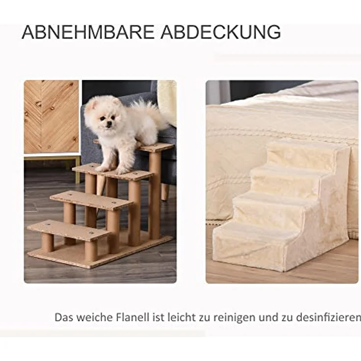 PawHut Haustiertreppe 4-stufige Hunderampe mit Abnehmbarer Bezug Katzentreppe Hundetreppe Tiertreppe Plüsch Beige 60 x 35 x 44 cm – Bild 4