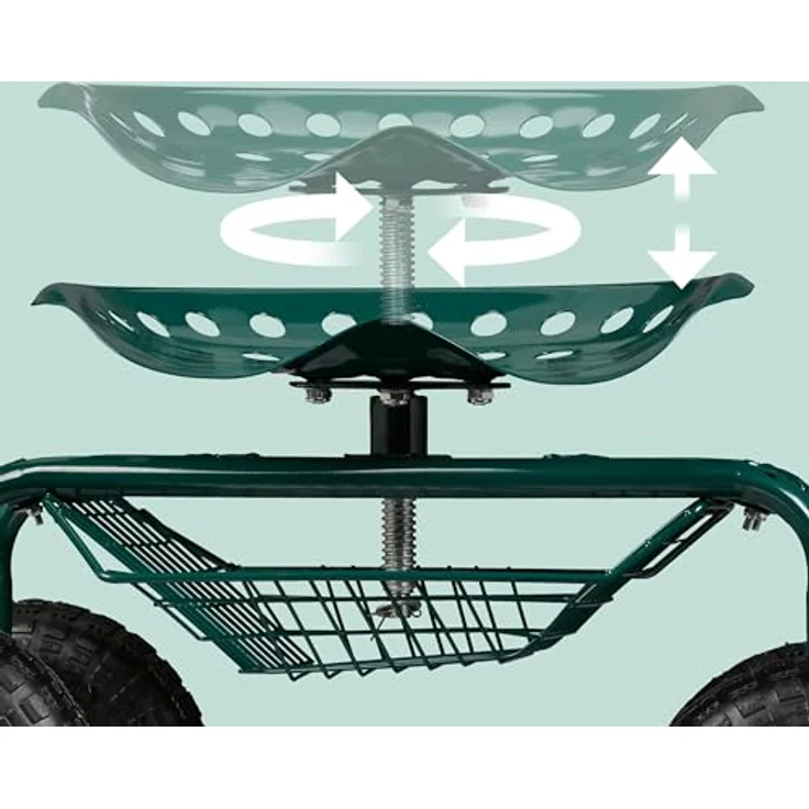 Relaxdays fahrbarer Gartensitz mit Stauraum, höhenverstellbar 40-49 cm, belastbar bis 150 kg, grün, mit Lufträdern für Gartenarbeit – Bild 5