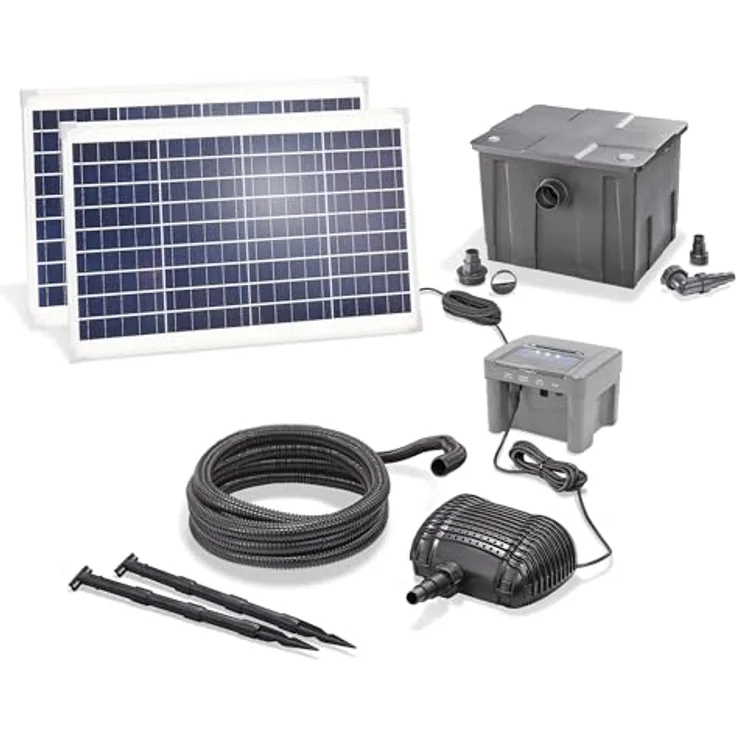 esotec Solar Premium Teichfilter-Set 70/2800, Komplettset mit 2 Solarmodulen und leistungsstarkem Lithium-Ionen Akku