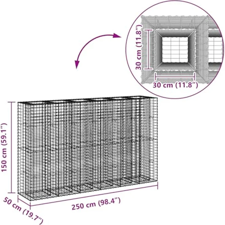 vidaXL Gabionen Hochbeet 3 pcs Silber, Rechteckig 250 x 50 x 150 cm, Langlebig, Wetterfest, Sichtschutzpaneele für Garten und Terrasse – Bild 2
