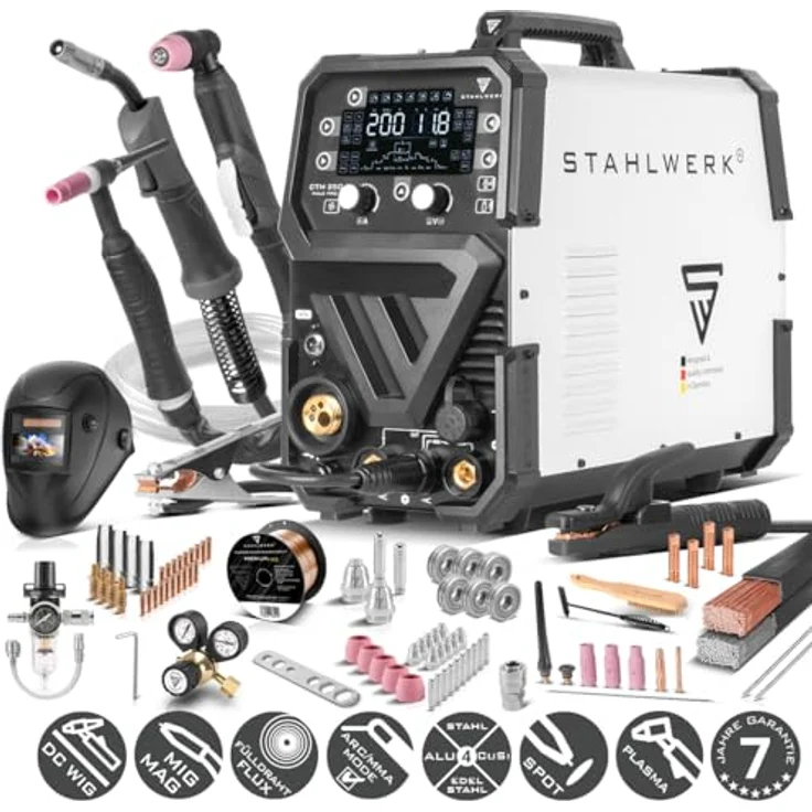 STAHLWERK CTM-250 PULS Pro 6-in-1 Schweißgerät, 200 A WIG MIG MAG mit Vollausstattung, inkl. WIG- und MIG-Brenner, Plasmaschlauch, Zubehör und Schweißhelm – Bild 2