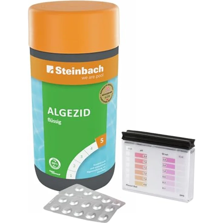 Steinbach Poolpflege Test-Set mit Algezid 1l und pH-/Chlor-Testkit für klare Wasserqualität, umfassende Pflege für alle Poolarten – Bild 1