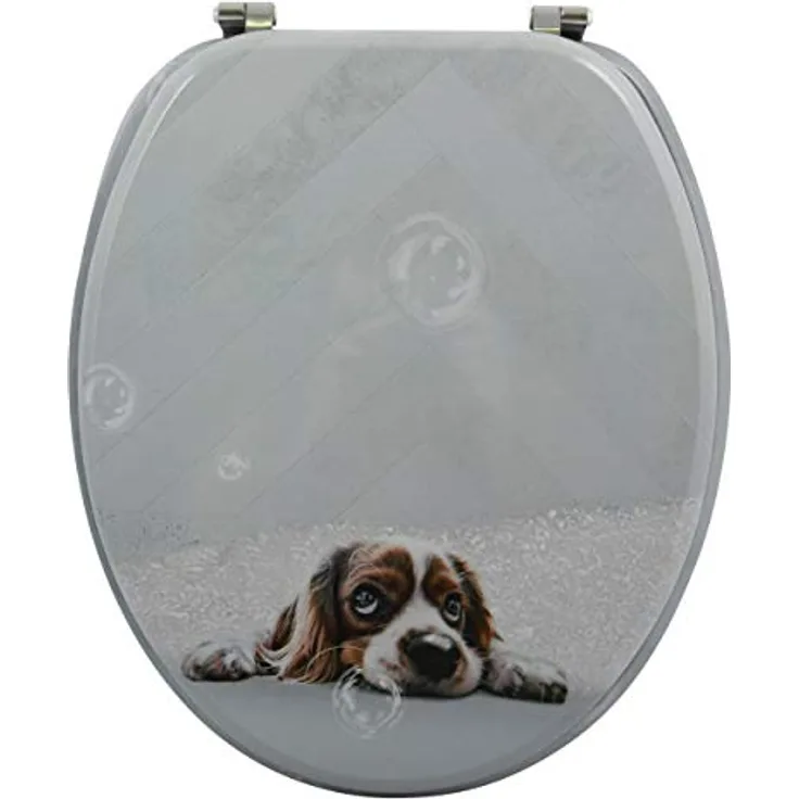 MSV WC-Sitz Doggy Bath, Mehrfarbig, MDF mit Edelstahl-Scharnieren, 42,5 cm x 36,5 cm x 5 cm, hygienische Oberfläche, rutschfest
