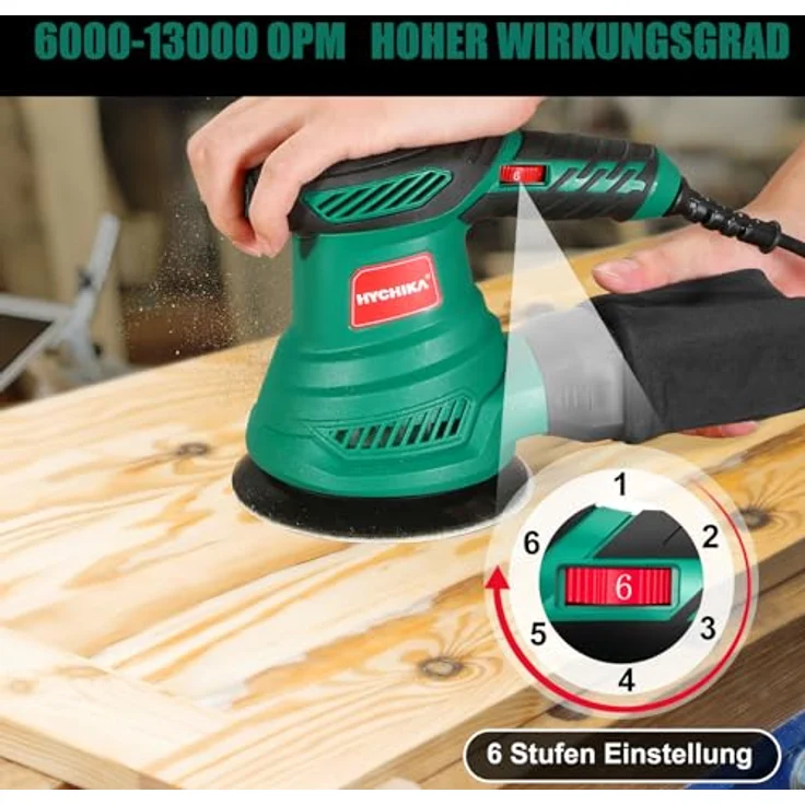 HYCHIKA Exzenterschleifer 300W, Schleifmaschine mit 6 Gängen, 6000-13000 U/min, 12 Schleifpapiere 125mm, Staubabsaugung und Staubfangbehälter – Bild 3