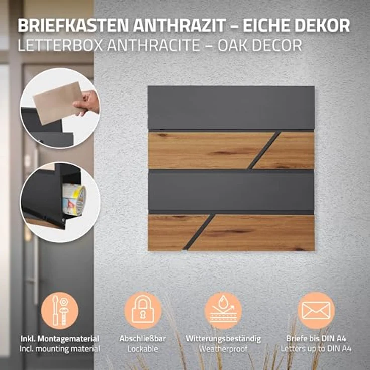 ECD Germany Standbriefkasten mit Zeitungsfach, silberner Edelstahl-Briefkasten mit pulverbeschichteter anthrazit Holzoptik und großzügiger Einwurföffnung – Bild 3