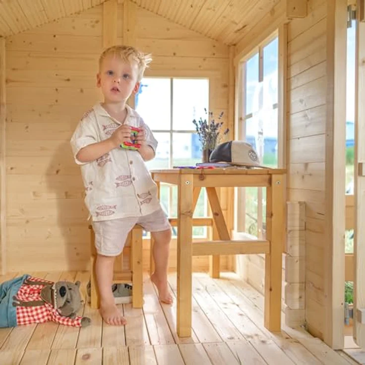 TIMBELA Kinderspielhaus aus Holz - Spielhaus im Freien für Kinder - 241x178x151 cm/2.63m2 Gartenspielhaus mit Veranda - Garten-Sommerhaus für Kinder M520, helle natürliche Holzfarbe – Bild 4