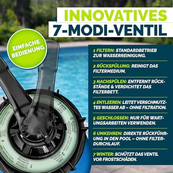 tillvex Sandfilteranlage 13.200L/h, selbstansaugend mit 1200g Filterbällen, 7-Wege Ventil & 2in1 Adapter Ø32-38mm für Pools bis 40.000L – Bild 3