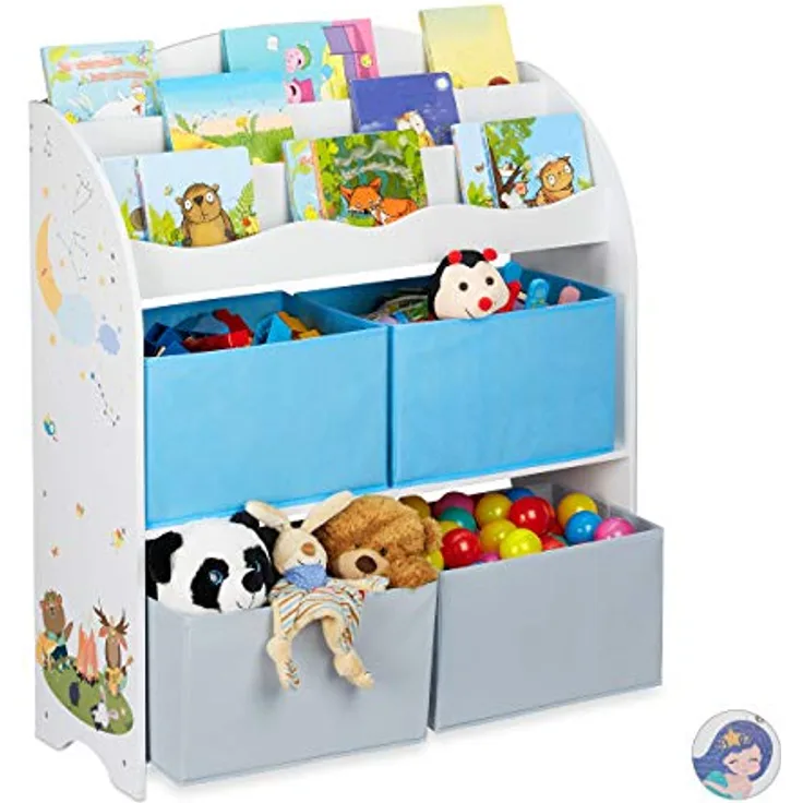 Relaxdays Kinderregal, 4 Boxen, Lagerfeuer Motiv, Spielzeug Aufbewahrung, Kinderzimmer Regal HBT 98 x 82,5 x 30 cm, bunt, 1 Stück