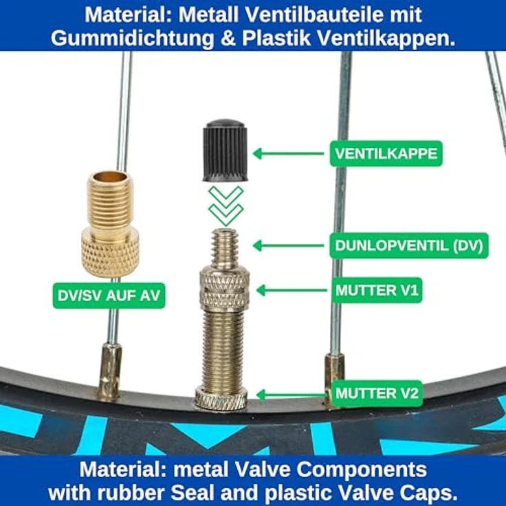 Fahrradventil Ersatz Set, 22-Teile, 4 x Fahrrad Schlauch Blitz-Ventil, inklusive 8 x Ersatz Ventilkappen, 2 x SV-DV auf AV Ventil Adapter, Blitzventil – Bild 4