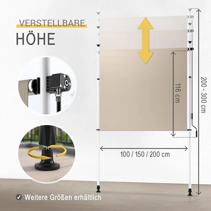 Sol Royal Klemmmarkise Senkrechtmarkise 100x310cm, Sichtschutz & Sonnenschutz für Balkon, Windschutz Garten, Handkurbel, Beige, wasserdicht, ohne Bohren – Bild 4
