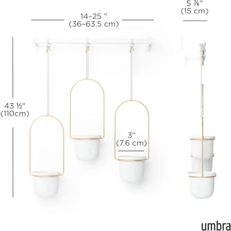 Umbra Triflora Vase, Hängeblumentopf, Wandvase, Blumenampel für Wand-und Deckenanbrinung, Melamin, Metall, Weiss-Messing, 3er Set – Bild 3
