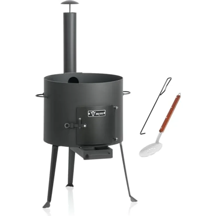 BBQ-Toro Kazan Ofen Ø 39,5 cm, Gulaschkessel mit Schaumlöffel und Schürhaken, stabiler Outdoor-Ofen, Feuerstelle mit Ascheschubkasten und Ofenrohr – Bild 1