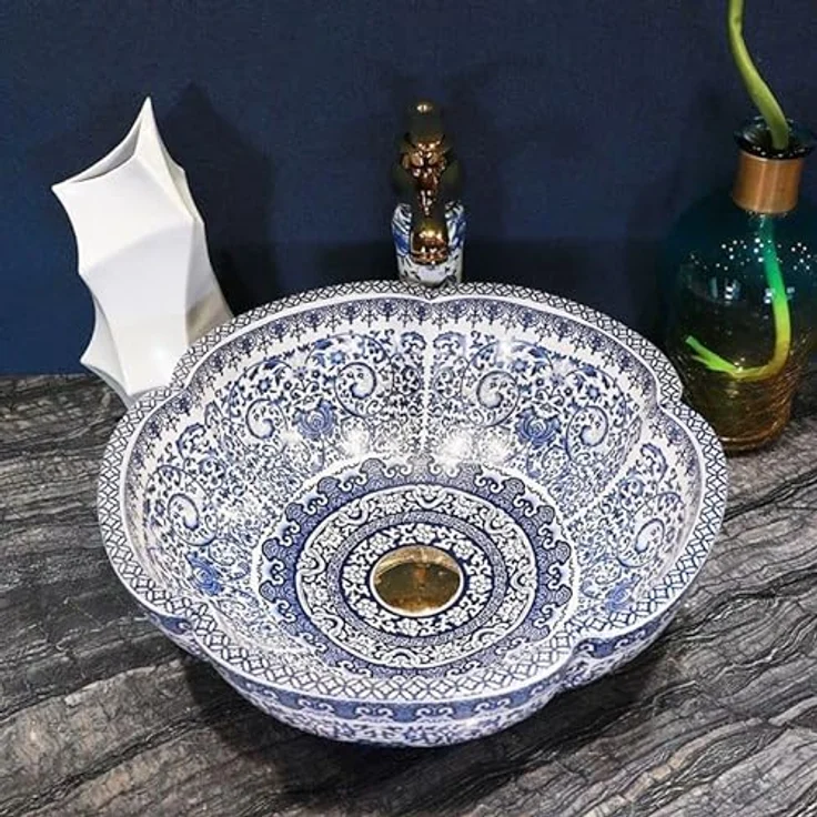 Rea Aufsatzwaschbecken Vivien, Waschtisch Handwaschbecken Spülbecken Waschschale Waschbecken für Badezimmer aus hochwertiger Keramik 425 x 425 x 150 mm (weiß/blau) – Bild 2