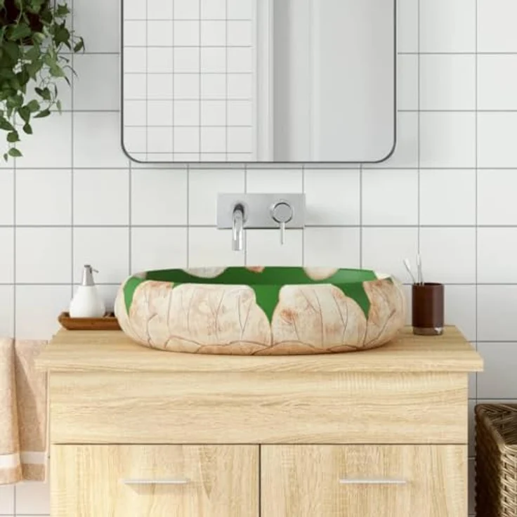 vidaXL Aufsatzwaschbecken Keramik, handgefertigt, Grün und Braun, Vintage-Stil – Bild 2