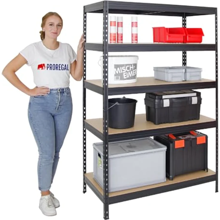 Proregal Schwerlastregal Rivet, 180 x 120 x 60 cm, Traglast 250 kg pro Boden, 5 verstellbare MDF-Böden, Stecksystem, Schwarz – Bild 3