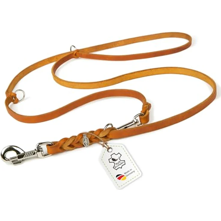 CopcoPet Hundeleine Fettleder 2m x 8mm Cognac – 3-fach verstellbar, geflochten, grifffest und robust – Umhängeleine für kleine Hunde, ideal für Spaziergang und Training – Bild 1