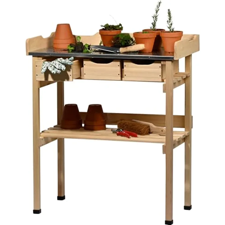 dobar® Pflanztisch mit 3 Schubladen und Ablageboden, Massivholz mit verzinkter Arbeitsplatte, 78 x 38 x 88 cm, Natur