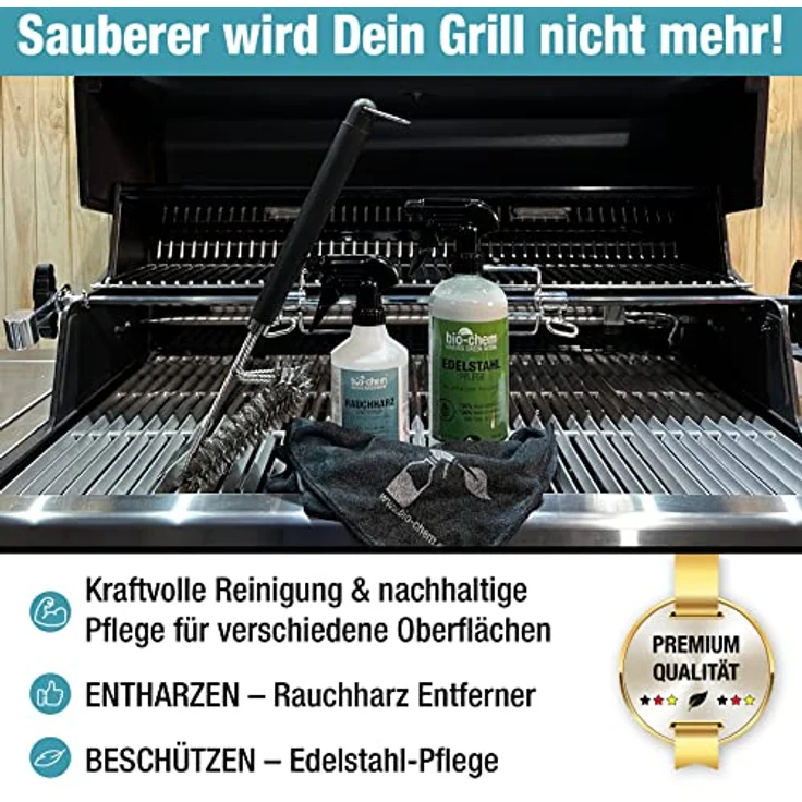 bio-chem Grillreiniger Set 4-teilig: Rauchharz-Entferner 500 ml + Edelstahlpflege 750 ml + Grillbürste + Mikrofasertuch - Zur effizienten Reinigung & Pflege von Grill, Grillrost, Gasgrill, Gusseisen – Bild 2
