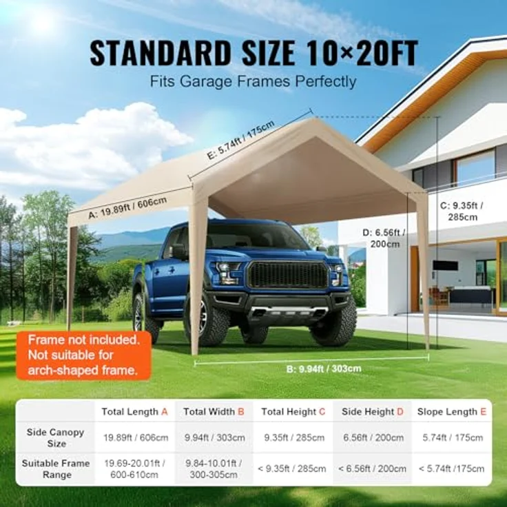 VEVOR Carport-Garagenzelt 3 x 6 m, wasserdichtes und UV-geschütztes Garagendachzelt in beige, einfache Installation mit Spanngurten (nur Dachabdeckung, Rahmen nicht im Lieferumfang enthalten) – Bild 4