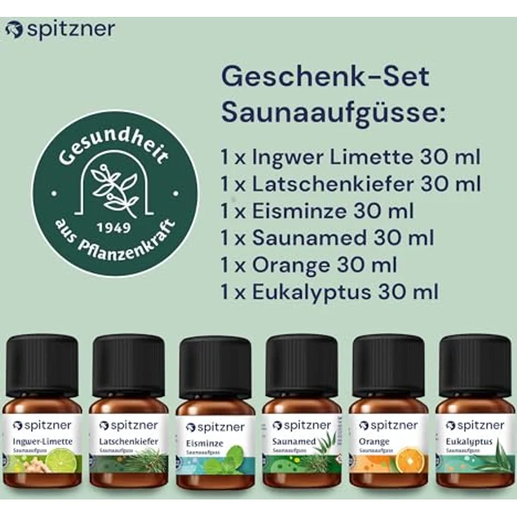 Spitzner Saunaaufguss-Set „Sinnesreise“, 6 Düfte à 30 ml: Eisminze, Ingwer-Limette, Orange, Eukalyptus, Latschenkiefer & Saunamed, perfektes Geschenk für Sauna-Liebhaber – Bild 2