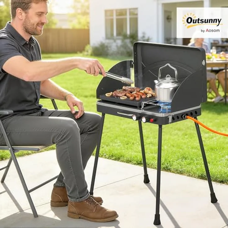 Outsunny Tragbarer Gasgrill 2-in-1 Tischgrill mit 2 Brennern, 7 kW, klappbaren Beinen, Windschutz und Antihaftbeschichtung, ideal für BBQ und Camping – Bild 2