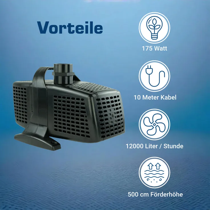 KERRY Teichpumpe 230 V – 12.000 L/H | 10m Kabel | 5m Förderhöhe | 175 Watt | Wasserpumpe | Bachlaufpumpe | Wasserspielpumpe | Brunnenpumpe | Springbrunnen-Pumpe