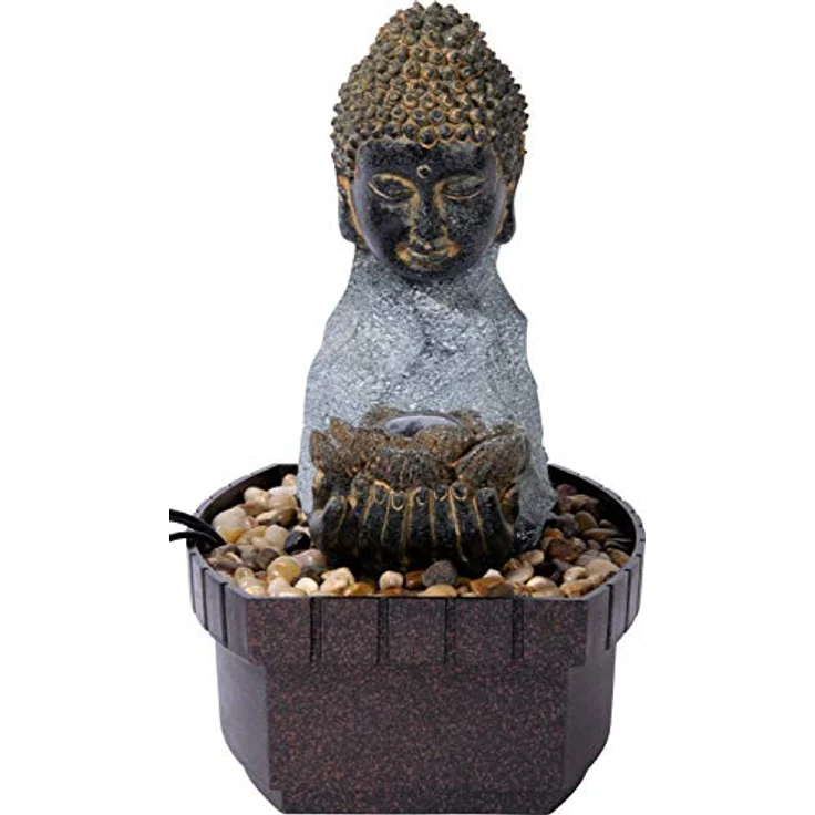 dobar® 96430e Design Zimmerbunnen Buddha mit LED Beleuchtung | Tischbrunnen Kunststein | Kleiner Springbrunnen | Dekorativer Zierbrunnen Wohnzimmer/Büro/Indoor | 20,5 x 16,5 x 27 cm | Grau – Bild 2