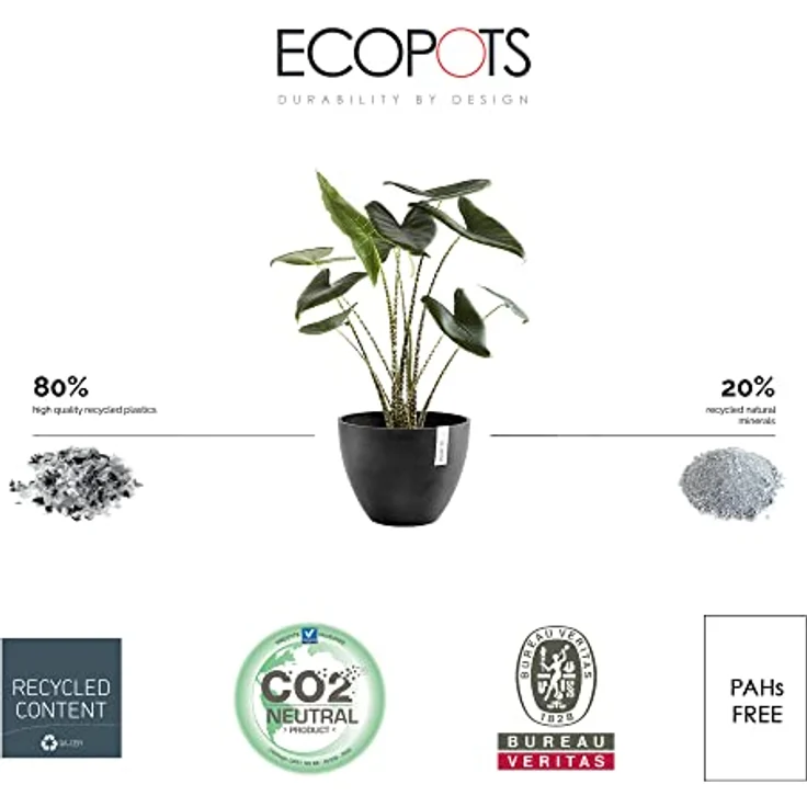 Ashortwalk ECOPOTS Antwerp Pflanzgefäß rund aus recyceltem Kunststoff (Durchmesser 40cm x Höhe 30cm) (schwarz) – Bild 2