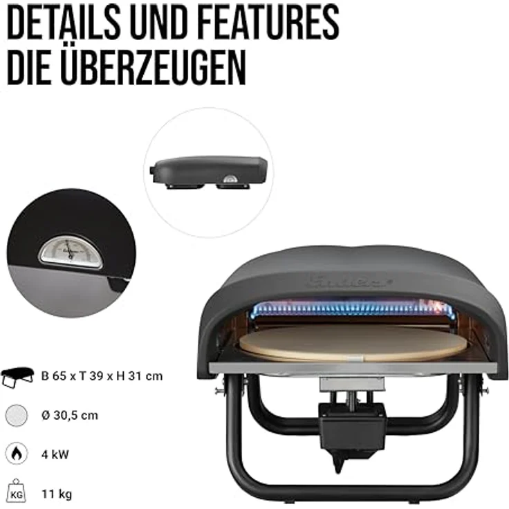 Enders PACO Rotate, Pizzaofen mit rotierendem Cordieritstein (30,5 cm), regelbarem Brenner (4 kW) und integriertem Thermometer, Schwarz – Bild 3