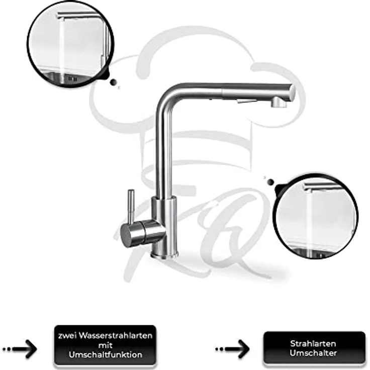 KitchenQuality Küchenarmatur 31 cm, Edelstahl gebürstet, ausziehbar & 360° schwenkbar, Brause mit Umschalter, einfache Montage – Bild 4