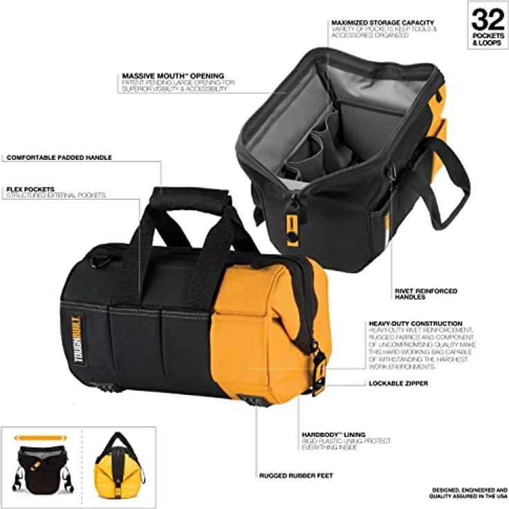 ToughBuilt tou-60–12 12 Zoll massive Mund Tasche, Schwarz/Gelb - Hartkunststoff-Futter, abschließbarer Reißverschluss, robuste Gummifüße – Bild 2