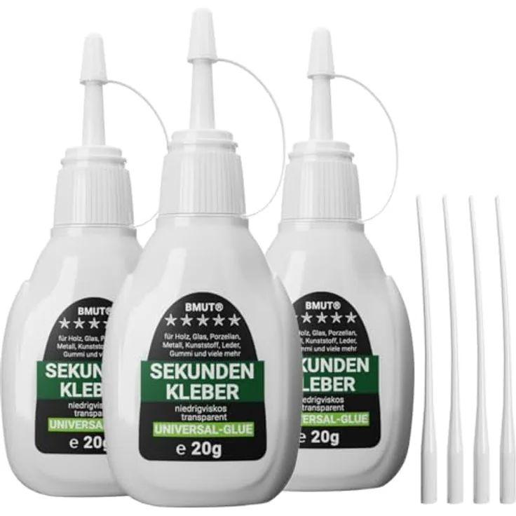 BMUT 3x 20g Sekundenkleber, universell, flüssig, extra stark & schnell, wasserfest, hitzebeständig, mit Dosierspitzen & Kappe gegen Austrocknung