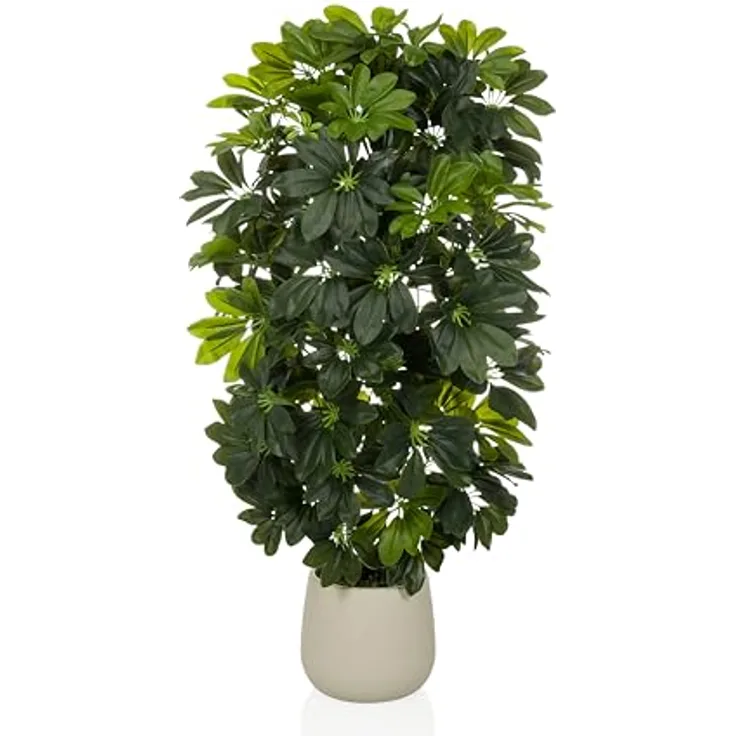 hjh OFFICE Kunstpflanze Schefflera 2 – 110 cm hoch, täuschend echt aus hochwertigem Kunststoff-Mix, pflegeleicht & geruchslos, incl. cremeweißem Kunststoff-Topf mit Zementfuß