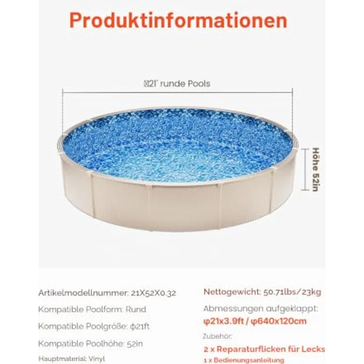 VEVOR Schwimmbeckenauskleidung, Blau, Rund, Vinyl, φ 640 cm, für 132 cm hohe Aufstellpools – Bild 7