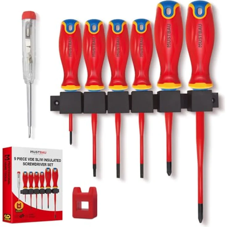 Mustbau Schraubendreher-Set 9 in 1, Magnetisch mit VDE-Prüfung, Profi Schlitz/Kreuz, SlimFix-Dünnstabtechnologie, elektriker Blau – Bild 1