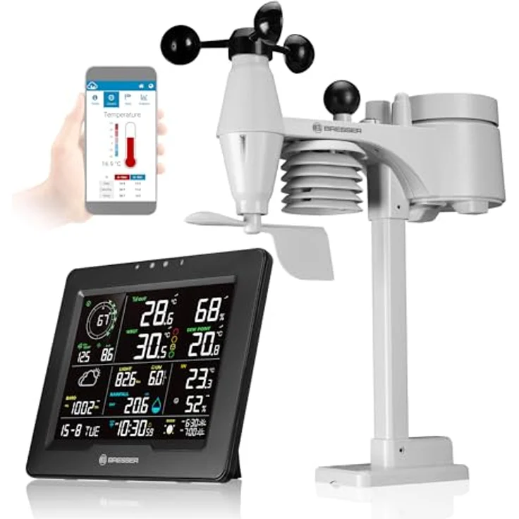 Bresser WLAN Wetterstation 8-in-1 mit Außensensor, WBGT-Hitzestress-Index, UV, Regen, Wind, Licht und App-Steuerung, schwarz – Bild 1
