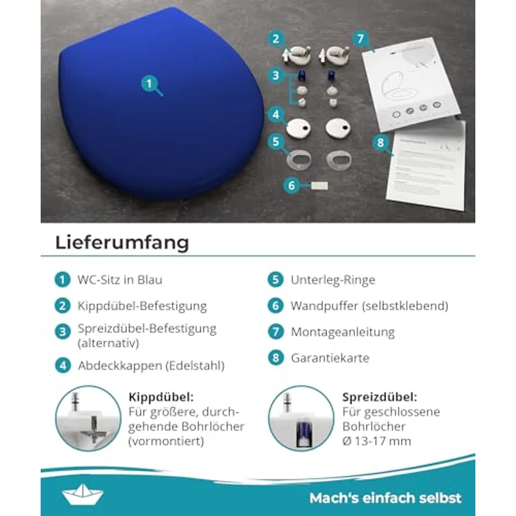 Calmwaters WC Sitz Premium Blau, Absenkautomatik, antibakteriell, abnehmbar, Duroplast, 250 kg Tragkraft, Made in EU – Bild 8