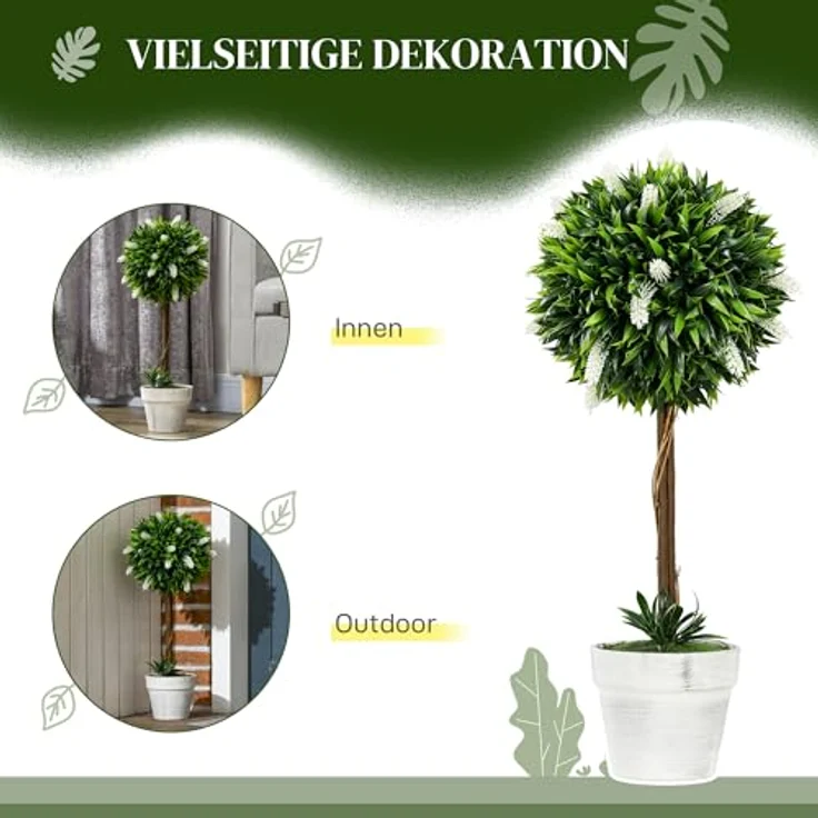 HOMCOM Kunstpflanze 2er-Set groß 60 cm Lavendelbäume, für Innen- und Außenbereiche, weiß – Bild 4